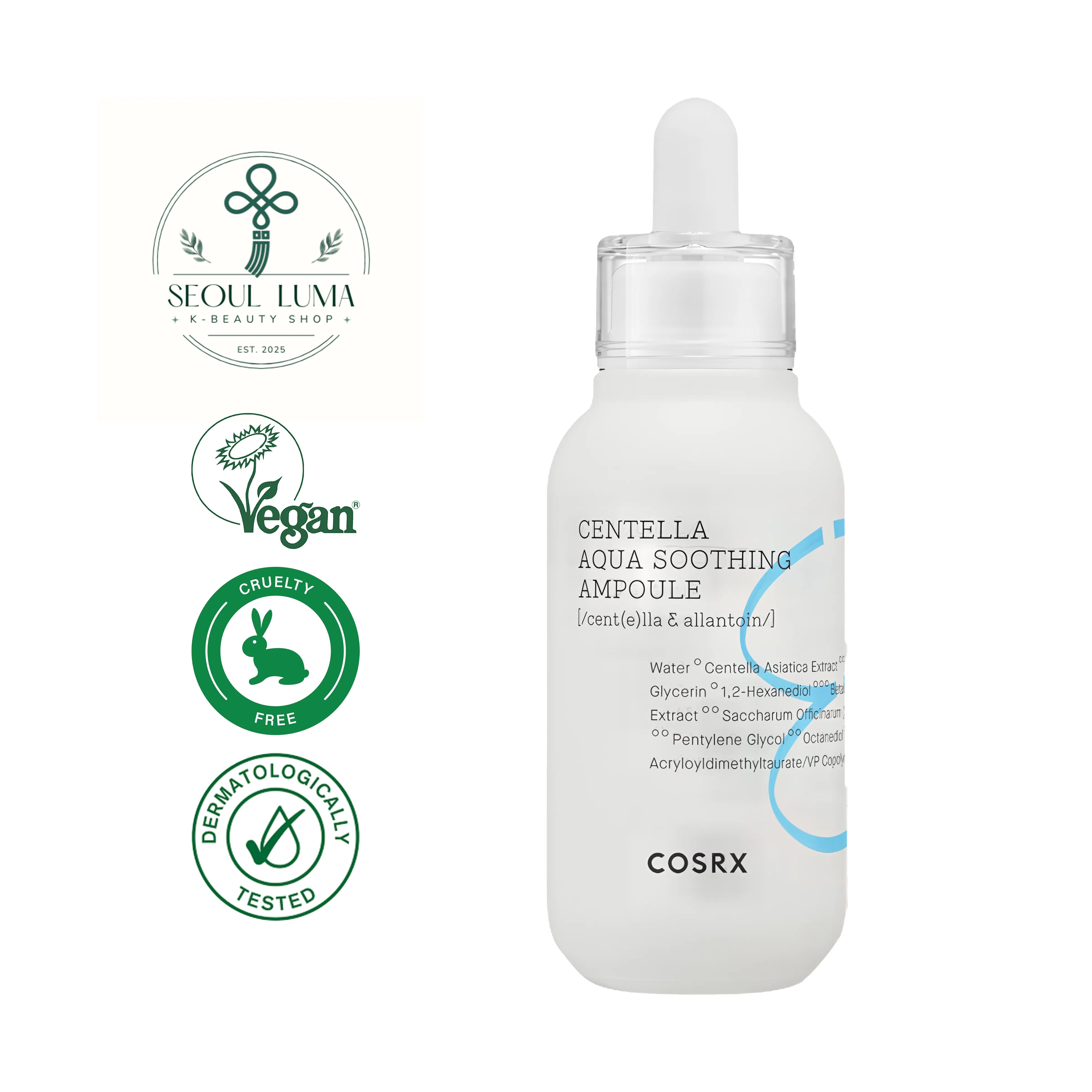 COSRX Hydrium Centella Aqua Soothing Ampoule 40ml - Lightweight hydrating ampoule with centella and vitamin B5 for sensitive acne-prone skin